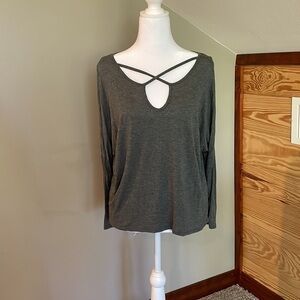Acemi Grey Cold Shoulder Criss Cross Long Sleeve Top Blouse